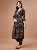 Thumbnail for Alia Cut Botanical Printed & Embroidered Rayon Kurta With Pant & Dupatta, Multicolor - Hiral Fashion - Dista