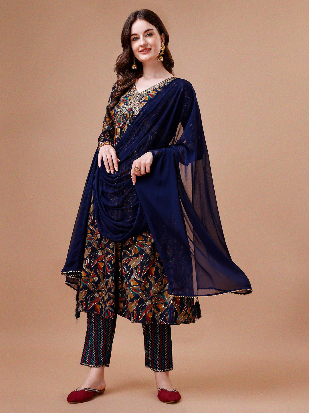 Alia Cut Botanical Printed & Embroidered Rayon Kurta With Pant & Dupatta, Multicolor - Hiral Fashion - Dista