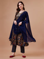Thumbnail for Alia Cut Botanical Printed & Embroidered Rayon Kurta With Pant & Dupatta, Multicolor - Hiral Fashion - Dista