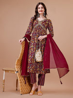 Thumbnail for Alia Cut Botanical Printed & Embroidered Rayon Kurta With Pant & Dupatta, Multicolor - Hiral Fashion - Distacart