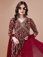 Thumbnail for Alia Cut Botanical Printed & Embroidered Rayon Kurta With Pant & Dupatta, Multicolor - Hiral Fashion - Distacart