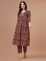 Thumbnail for Alia Cut Botanical Printed & Embroidered Rayon Kurta With Pant & Dupatta, Multicolor - Hiral Fashion - Distacart