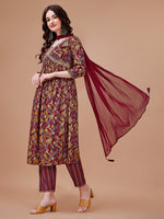 Thumbnail for Alia Cut Botanical Printed & Embroidered Rayon Kurta With Pant & Dupatta, Multicolor - Hiral Fashion - Distacart