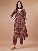 Thumbnail for Alia Cut Botanical Printed & Embroidered Rayon Kurta With Pant & Dupatta, Multicolor - Hiral Fashion - Distacart