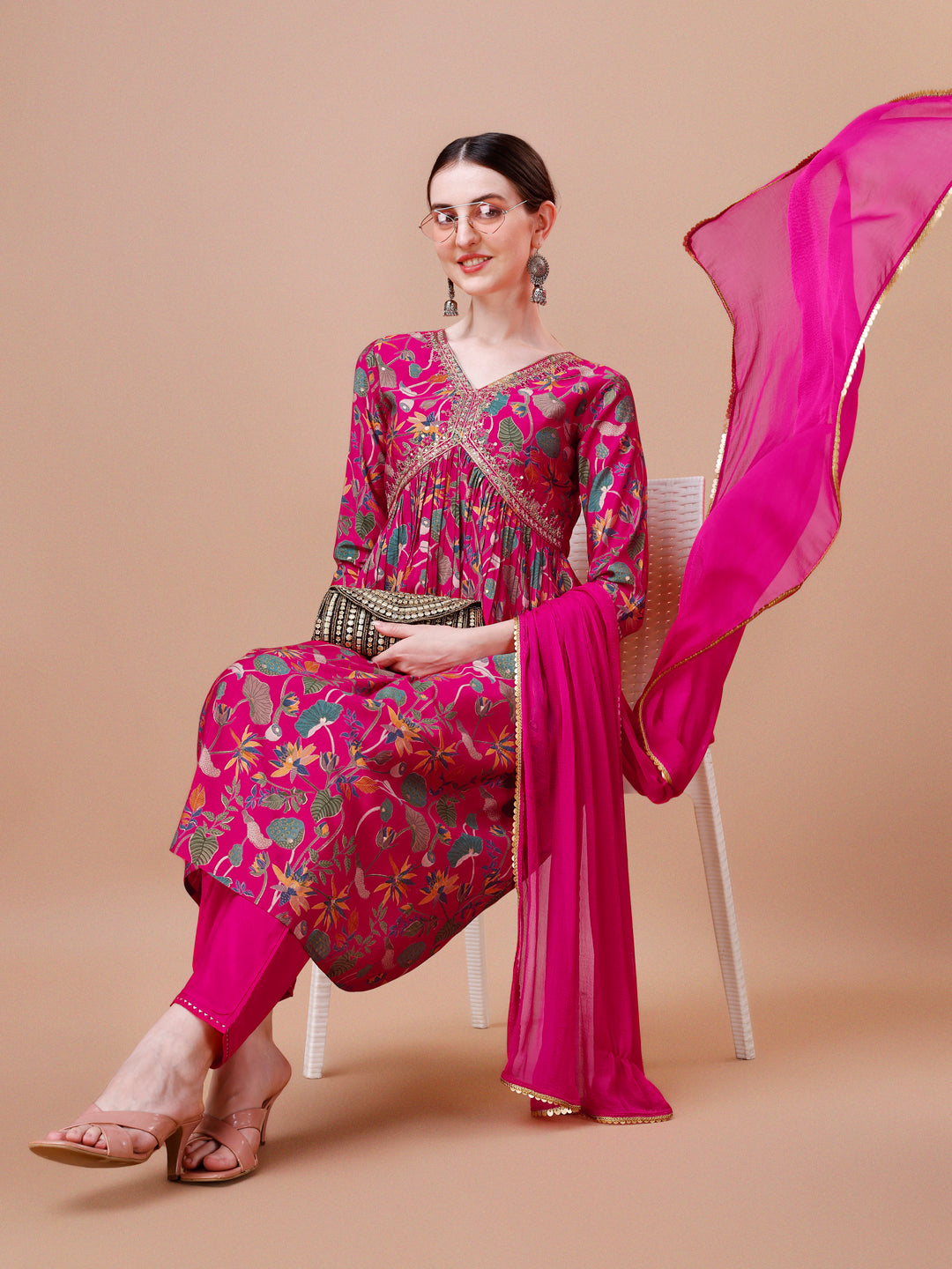Alia Cut Embroidered & Floral Printed Kurta With Pant & Dupatta, Multicolor - Hiral Fashion - Dista