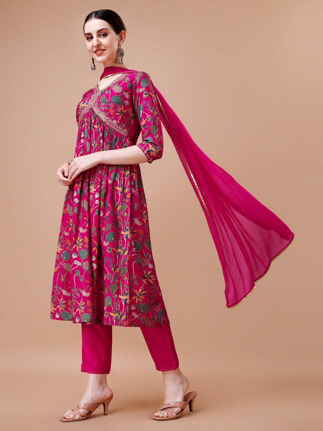 Alia Cut Embroidered & Floral Printed Kurta With Pant & Dupatta, Multicolor - Hiral Fashion - Dista