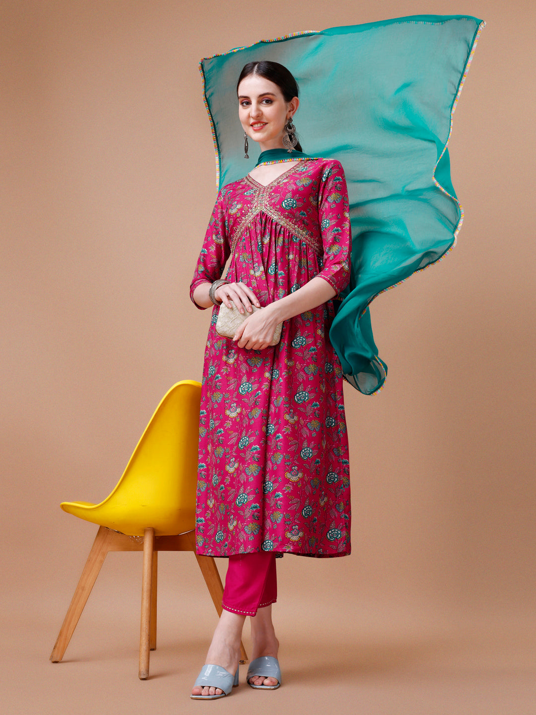 Alia Cut Embroidered & Floral Printed Kurta With Pant & Dupatta, Multicolor - Hiral Fashion - Dista