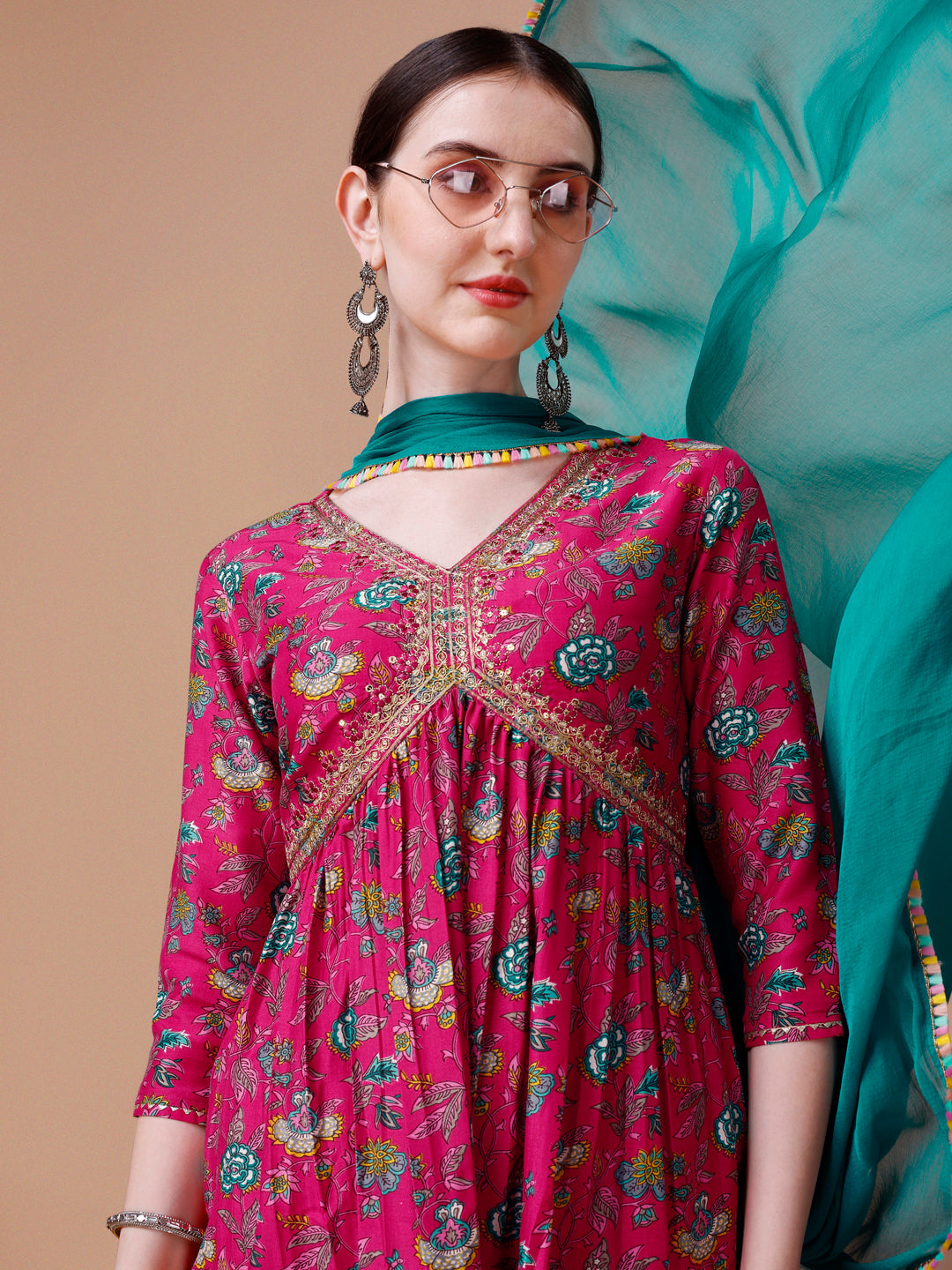Alia Cut Embroidered & Floral Printed Kurta With Pant & Dupatta, Multicolor - Hiral Fashion - Dista