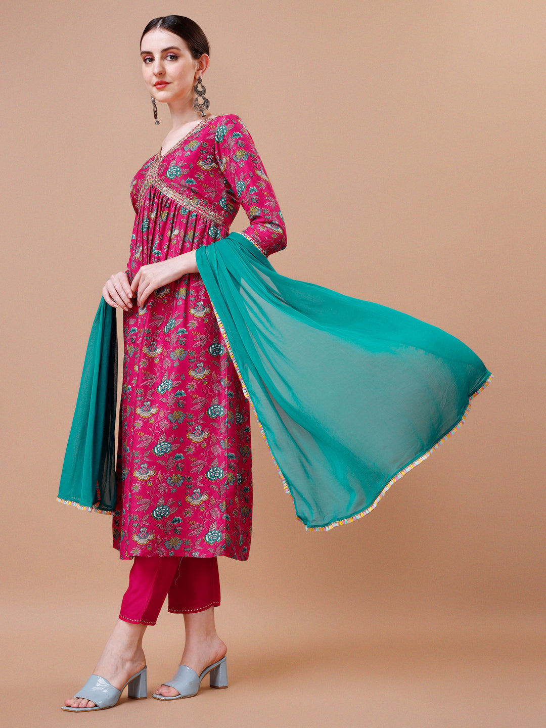 Alia Cut Embroidered & Floral Printed Kurta With Pant & Dupatta, Multicolor - Hiral Fashion - Dista