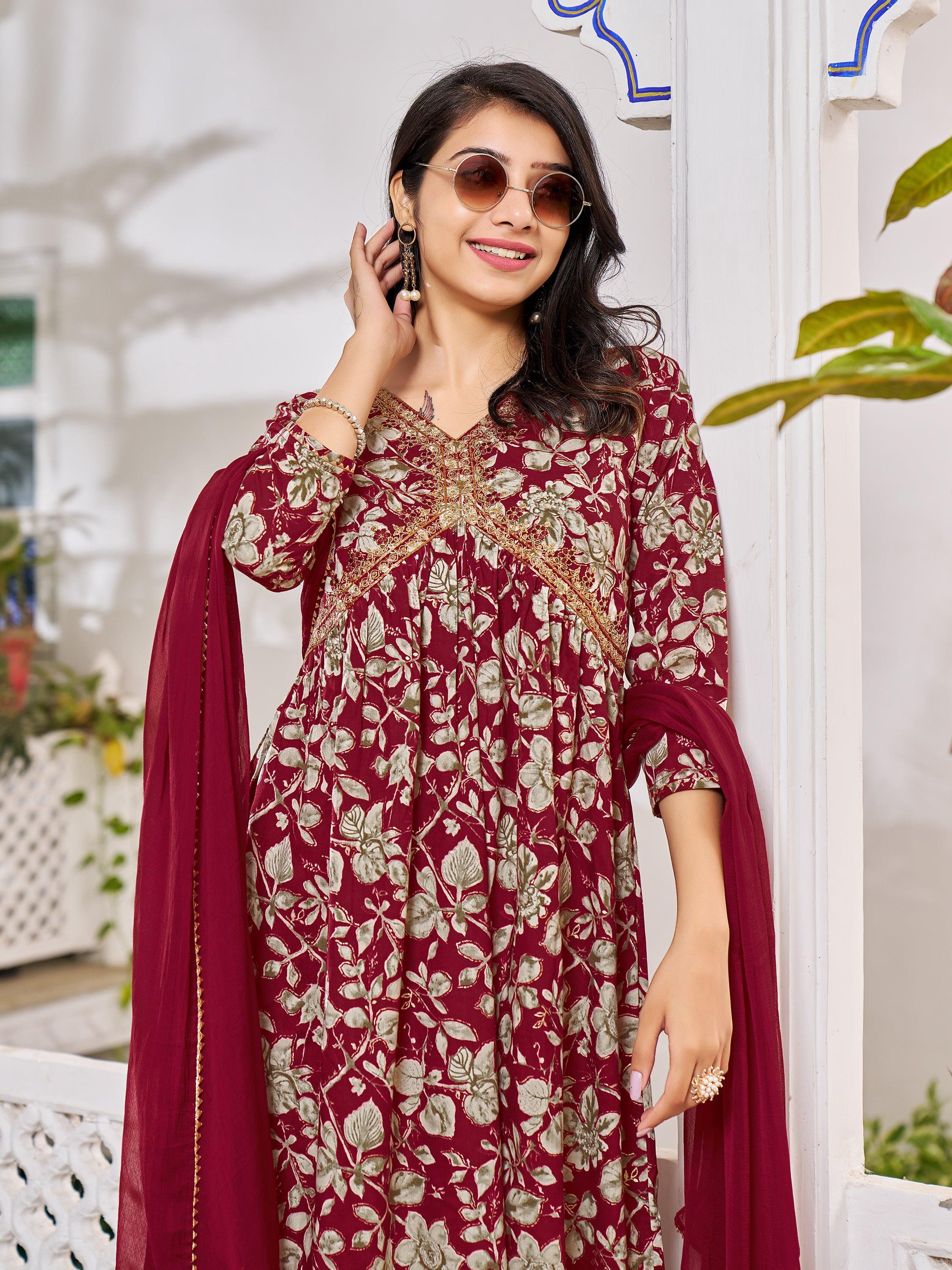 Alia Cut Floral Embroidered Kurta With Pant & Dupatta, Multicolor - Hiral Fashion - Dista