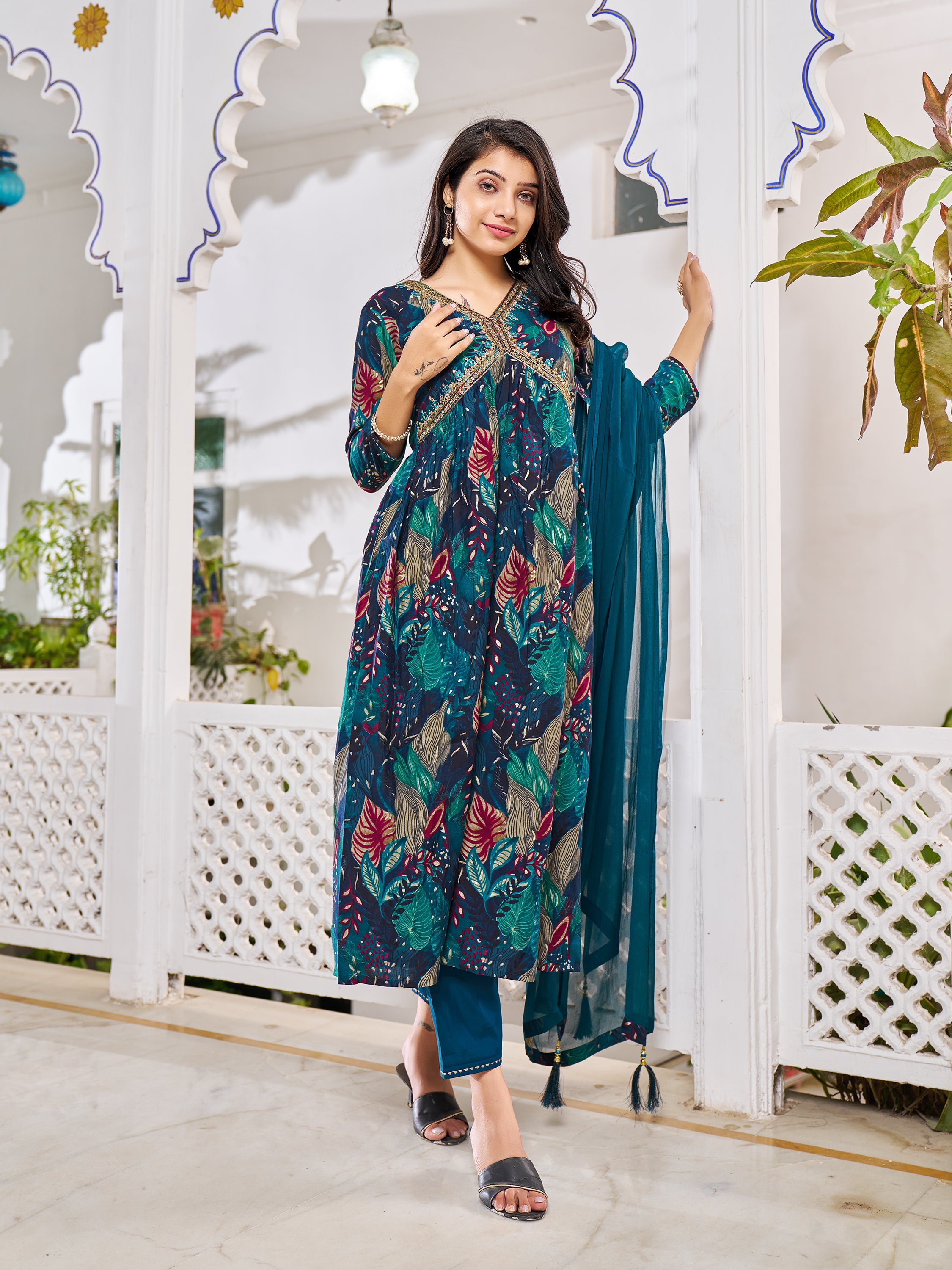 Alia Cut Embroidered & Floral Printed Kurta With Pant & Dupatta, Multicolor - Hiral Fashion - Dista
