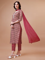 Thumbnail for Ethnic Motifs Printed Cotton Kurta With Pant & Dupatta, Multicolor - Hiral Fashion - Distacart