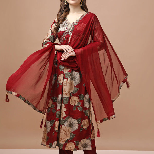 Alia Cut Rayon Embroidered & Floral Printed Kurta With Pant & Dupatta Premium, Multicolor - Hiral Fashion - Distacart
