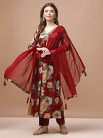 Thumbnail for Alia Cut Rayon Embroidered & Floral Printed Kurta With Pant & Dupatta Premium, Multicolor - Hiral Fashion - Distacart