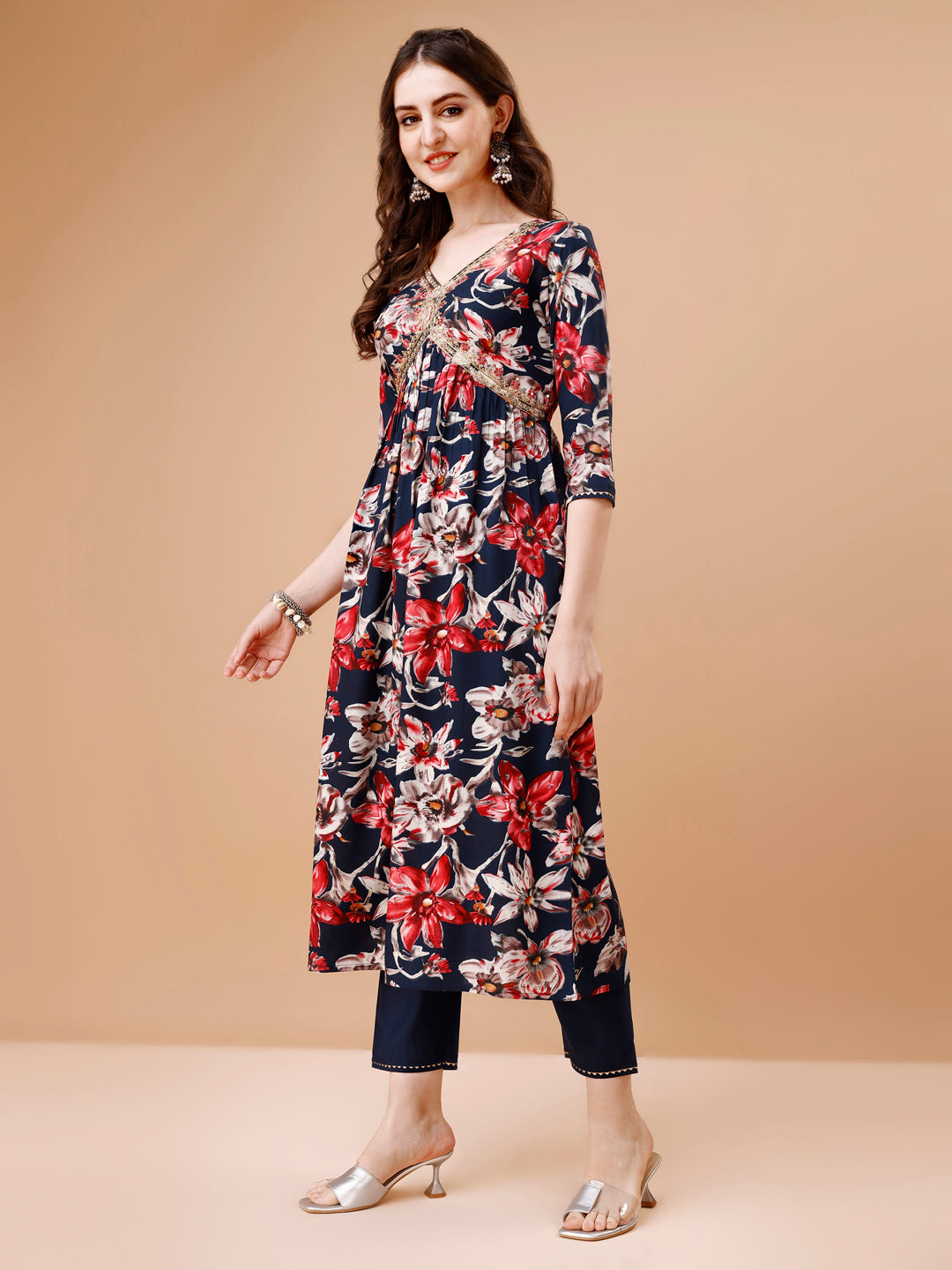 Alia Cut Embroidered & Floral Printed Rayon Kurta With Pant & Dupatta, Multicolor - Hiral Fashion - Dista