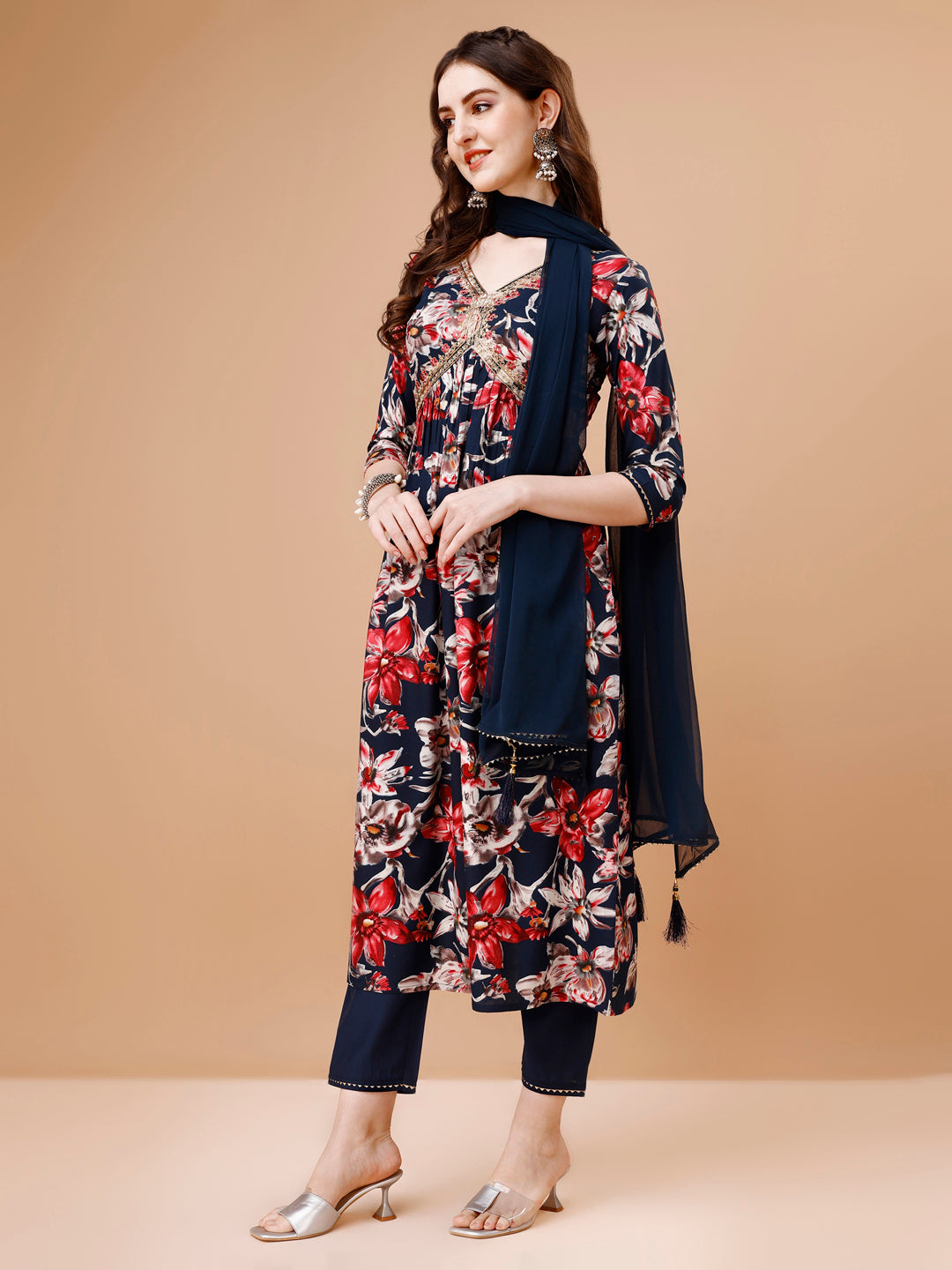 Alia Cut Embroidered & Floral Printed Rayon Kurta With Pant & Dupatta, Multicolor - Hiral Fashion - Dista
