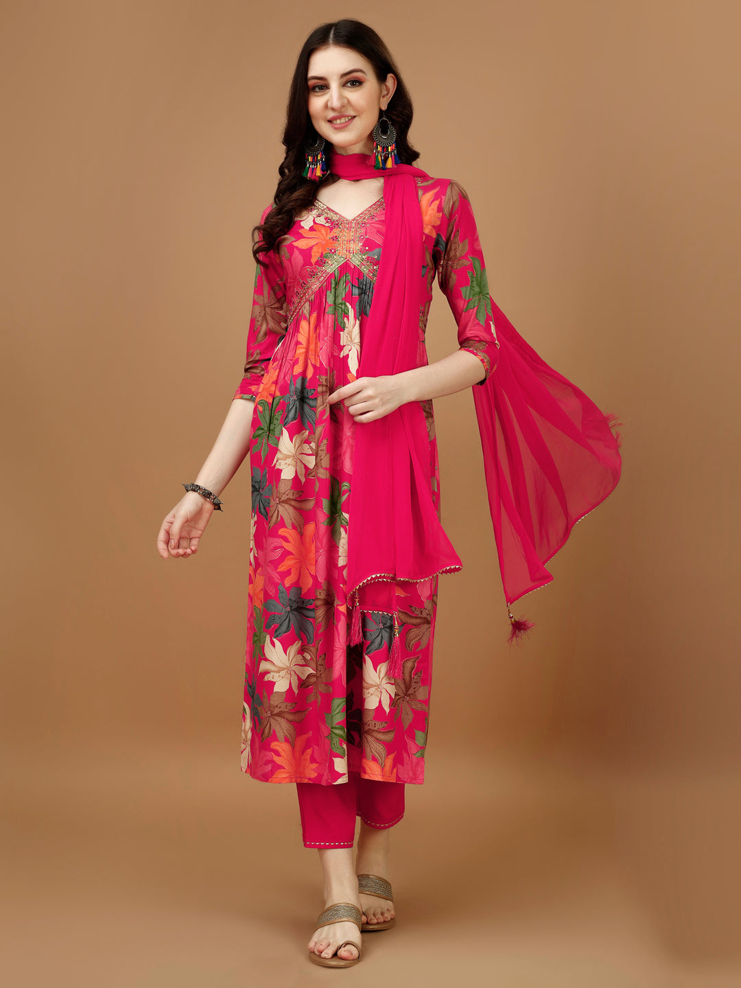 Alia Cut Rayon Embroidered & Floral Printed Kurta With Pant & Dupatta, Multicolor - Hiral Fashion