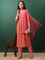 Thumbnail for Alia Cut Floral Printed & Embroidered Kurta With Pant & Dupatta Set, Pink - Hiral Fashion - Distacart