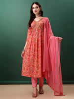 Thumbnail for Alia Cut Floral Printed & Embroidered Kurta With Pant & Dupatta Set, Pink - Hiral Fashion - Distacart