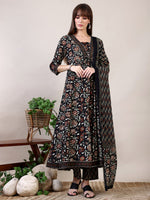 Thumbnail for Floral Printed Flared Kurta With Pant & Dupatta, Black - Hiral Fashion - Distacart