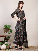 Thumbnail for Floral Printed Flared Kurta With Pant & Dupatta, Black - Hiral Fashion - Distacart