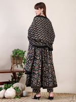 Thumbnail for Floral Printed Flared Kurta With Pant & Dupatta, Black - Hiral Fashion - Distacart