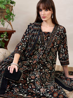 Thumbnail for Floral Printed Flared Kurta With Pant & Dupatta, Black - Hiral Fashion - Distacart