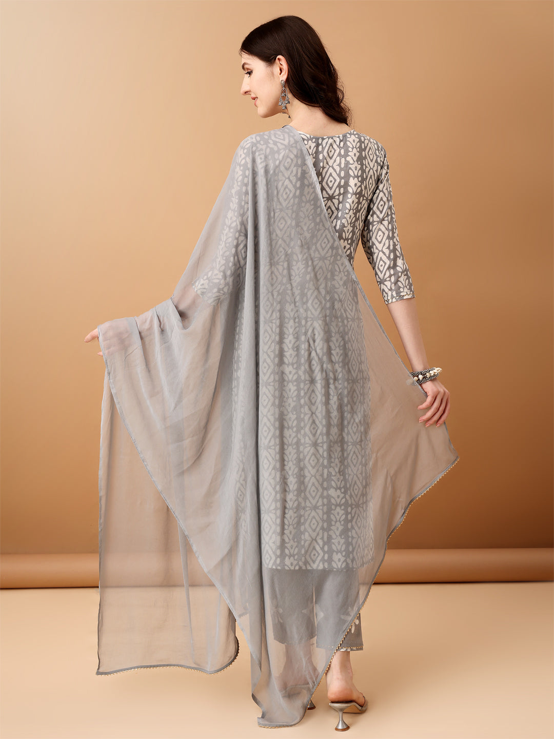 Bandhani Printed Cotton Kurta With Pant & Dupatta, Grey - Hiral Fashion - Dista