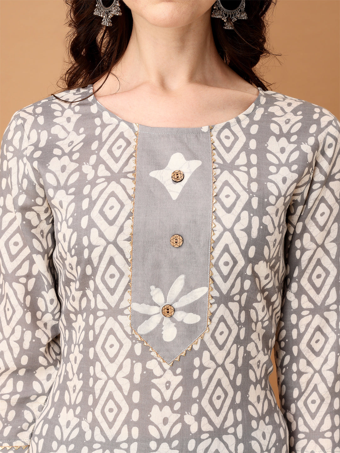 Bandhani Printed Cotton Kurta With Pant & Dupatta, Grey - Hiral Fashion - Dista