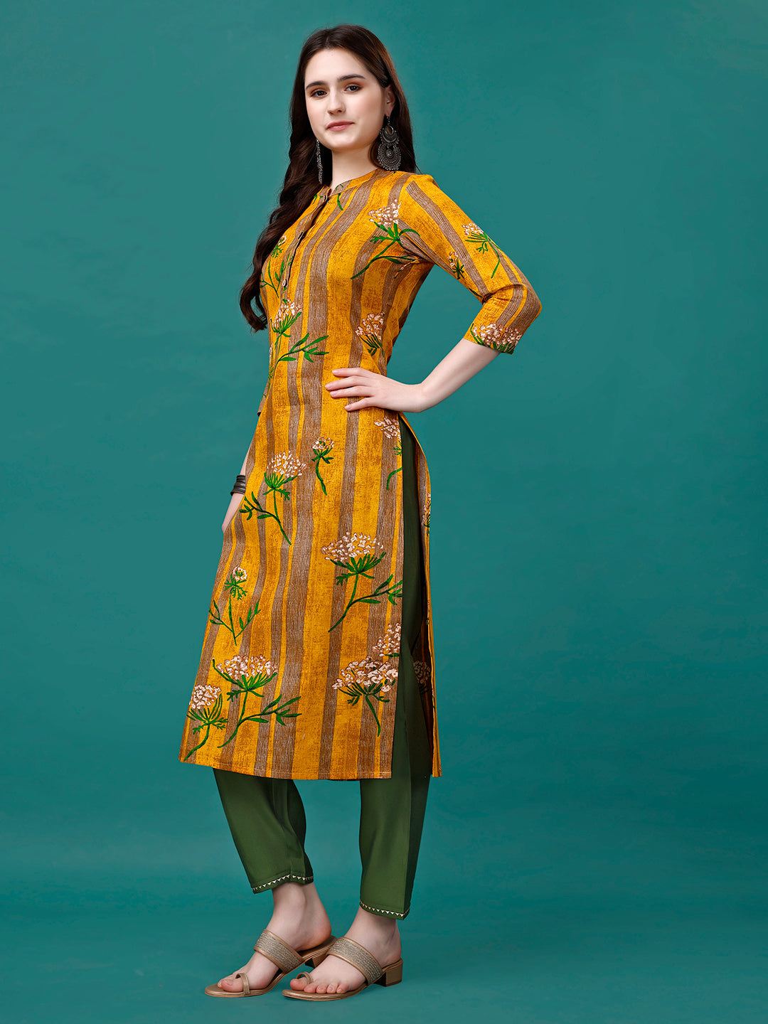 Botanical & Stripes Printed Front Buttoned Cotton Kurta, Multicolor - Hiral Fashion - Distacart