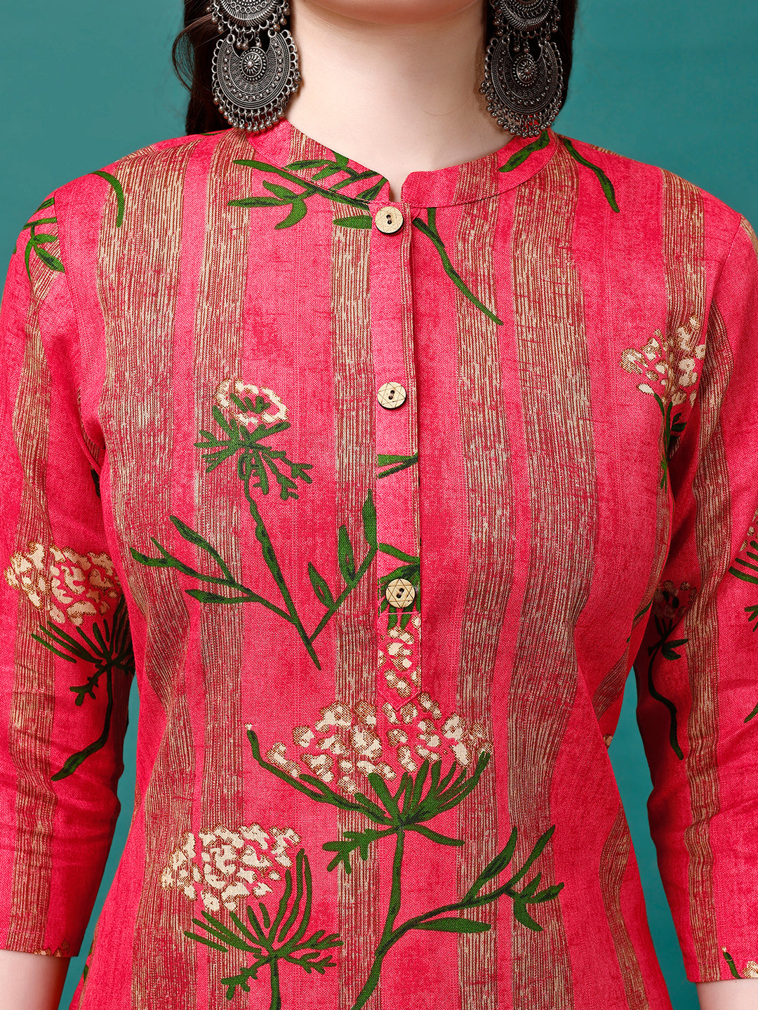 Botanical & Stripes Printed Front Buttoned Cotton Kurta, Multicolor - Hiral Fashion - Dista
