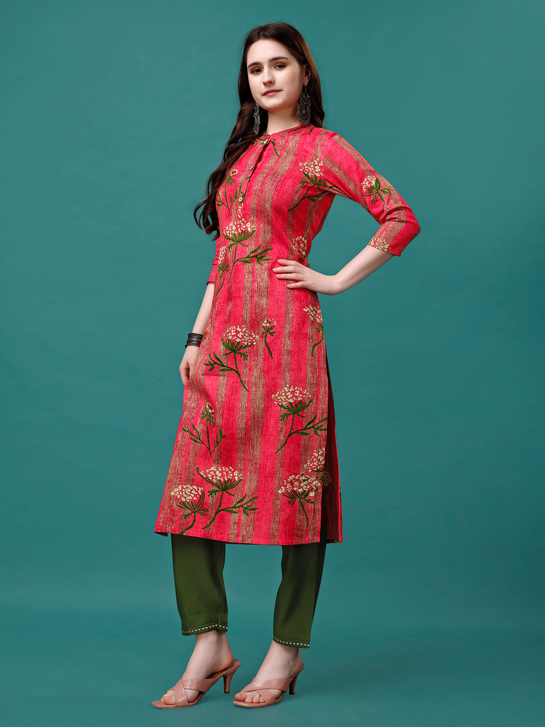 Botanical & Stripes Printed Front Buttoned Cotton Kurta, Multicolor - Hiral Fashion - Dista