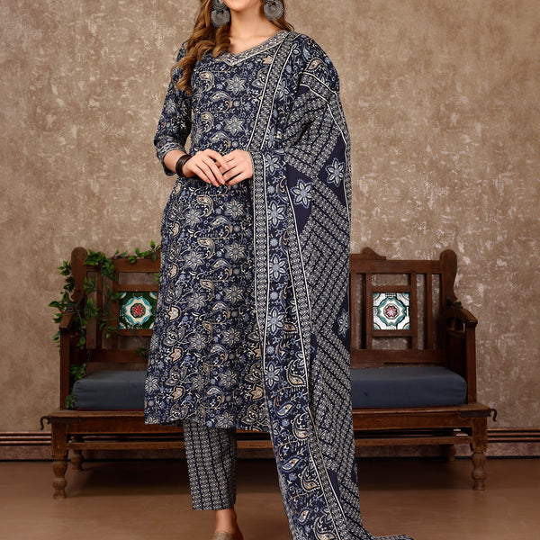 Embroidered & Printed Casual Wear Kurta With Printed Pant & Dupatta, Multicolor - Hiral Fashion - Distacart