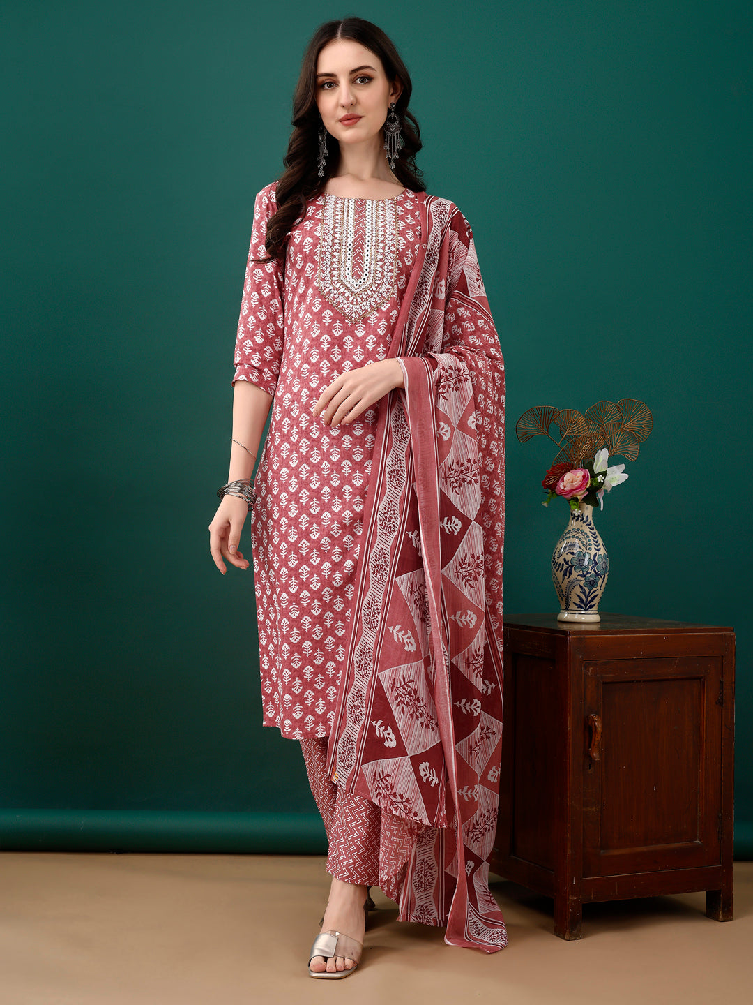Embroidered & Printed Kurta With Pant & Dupatta, Pink - Hiral Fashion - Dista