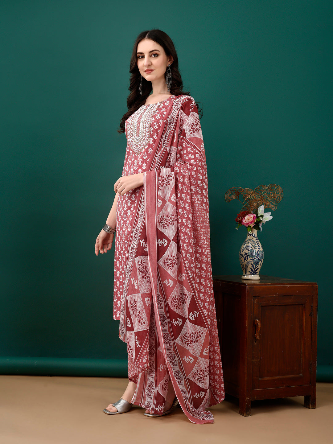 Embroidered & Printed Kurta With Pant & Dupatta, Pink - Hiral Fashion - Dista