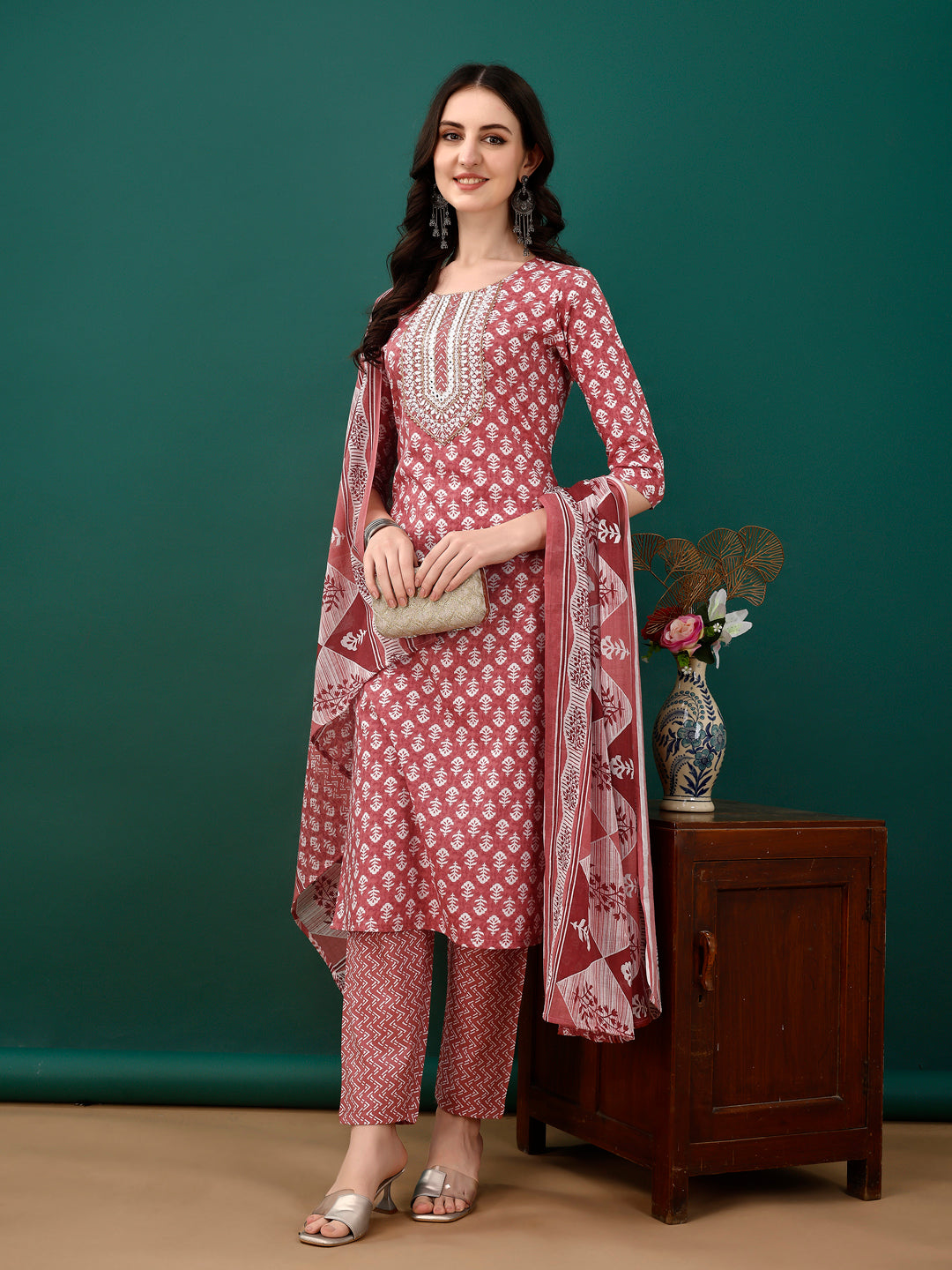 Embroidered & Printed Kurta With Pant & Dupatta, Pink - Hiral Fashion - Dista