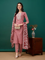 Thumbnail for Embroidered & Printed Kurta With Pant & Dupatta, Pink - Hiral Fashion - Dista
