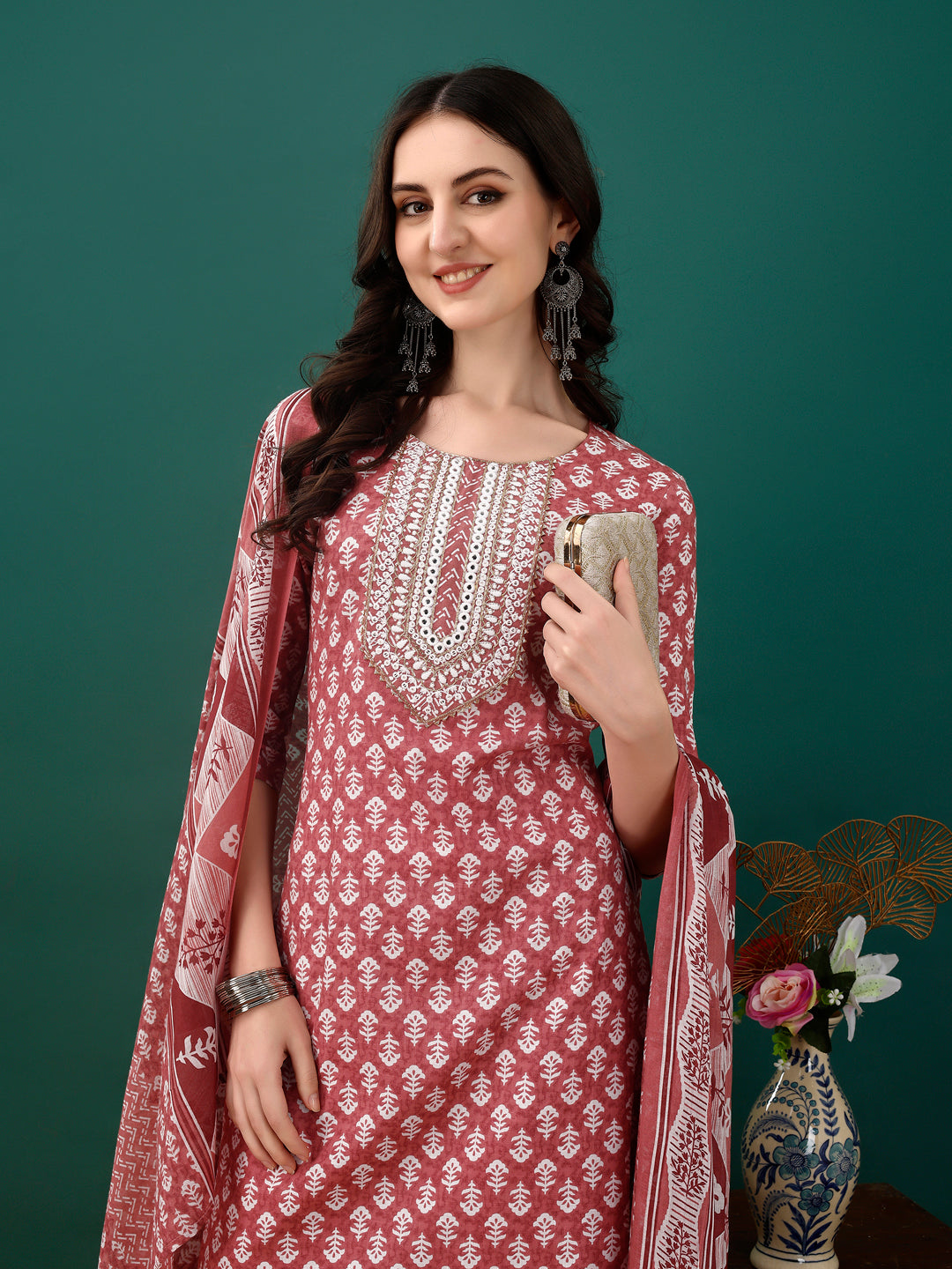 Embroidered & Printed Kurta With Pant & Dupatta, Pink - Hiral Fashion - Dista