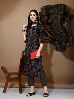 Thumbnail for Floral Printed Kurta With Pant & Dupatta, Black - Hiral Fashion - Dista