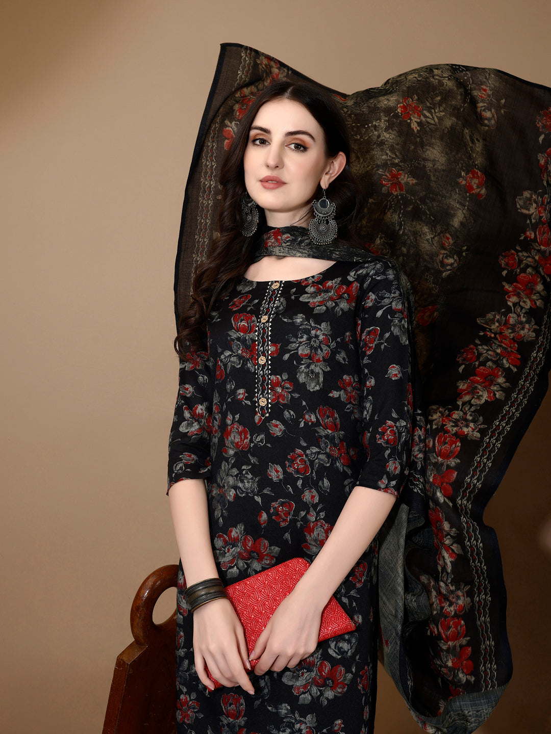 Floral Printed Kurta With Pant & Dupatta, Black - Hiral Fashion - Dista