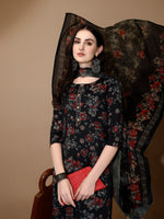 Thumbnail for Floral Printed Kurta With Pant & Dupatta, Black - Hiral Fashion - Dista