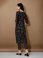 Thumbnail for Floral Printed Kurta With Pant & Dupatta, Black - Hiral Fashion - Dista