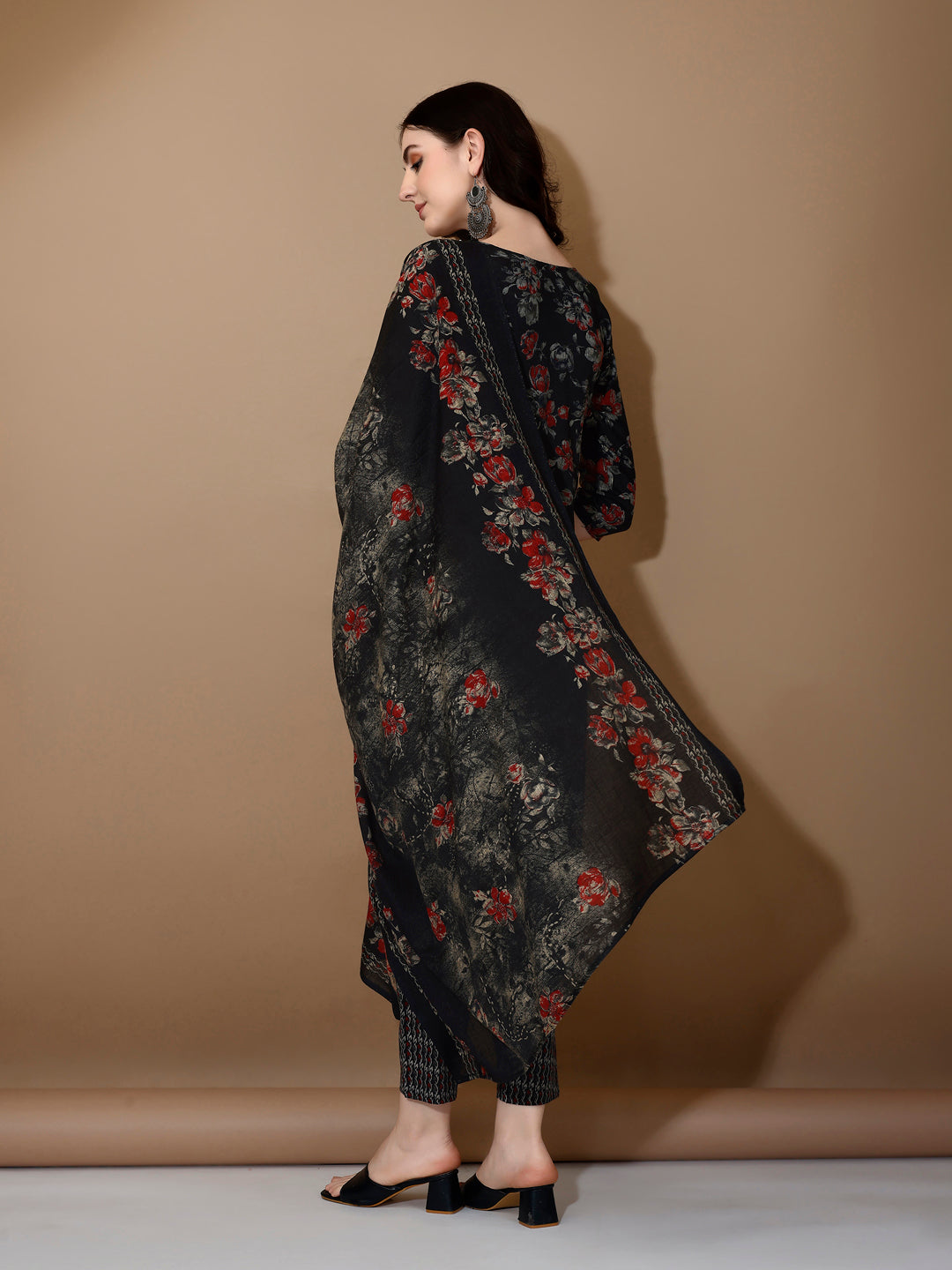 Floral Printed Kurta With Pant & Dupatta, Black - Hiral Fashion - Dista