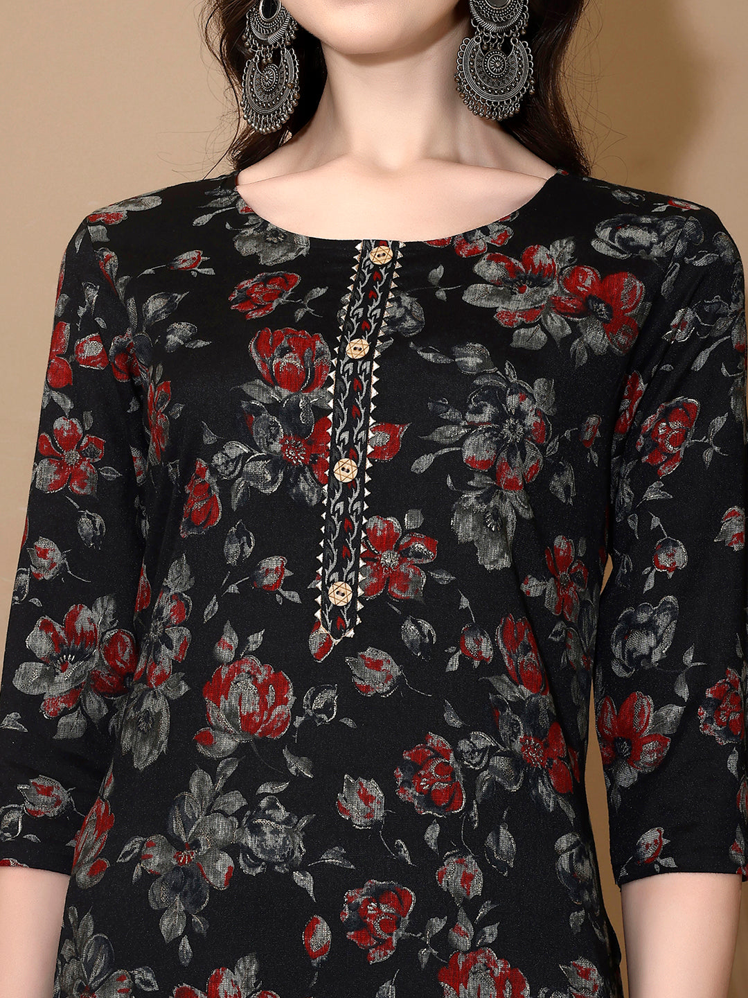 Floral Printed Kurta With Pant & Dupatta, Black - Hiral Fashion - Dista