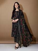 Thumbnail for Floral Printed Kurta With Pant & Dupatta, Black - Hiral Fashion - Dista