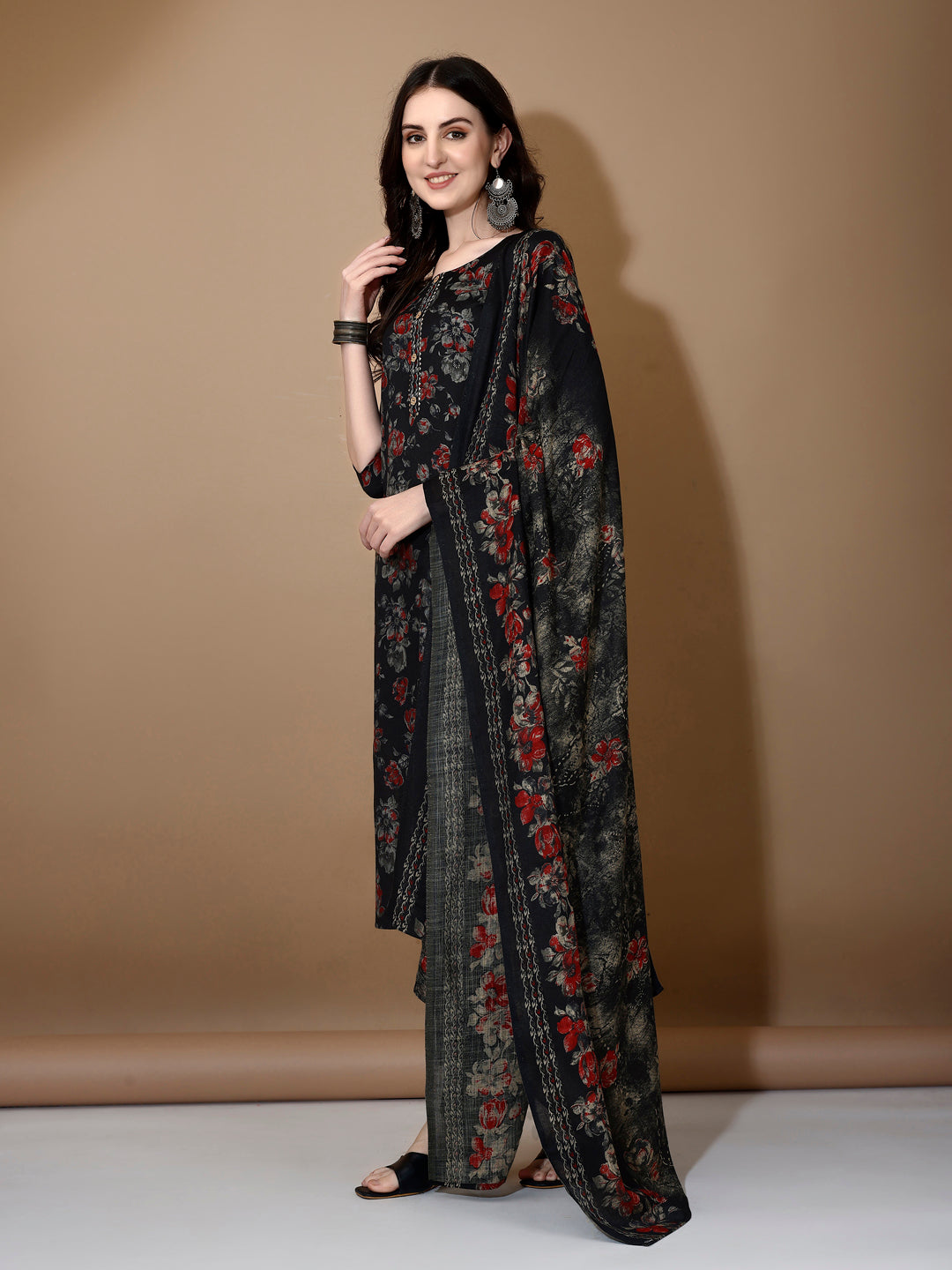 Floral Printed Kurta With Pant & Dupatta, Black - Hiral Fashion - Dista