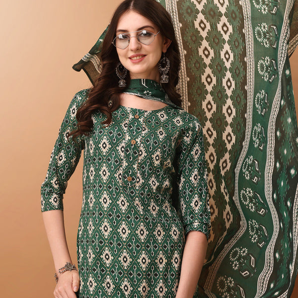 Ethnic Motifs Printed Kurta With Pant & Dupatta, Green - Hiral Fashion - Distacart
