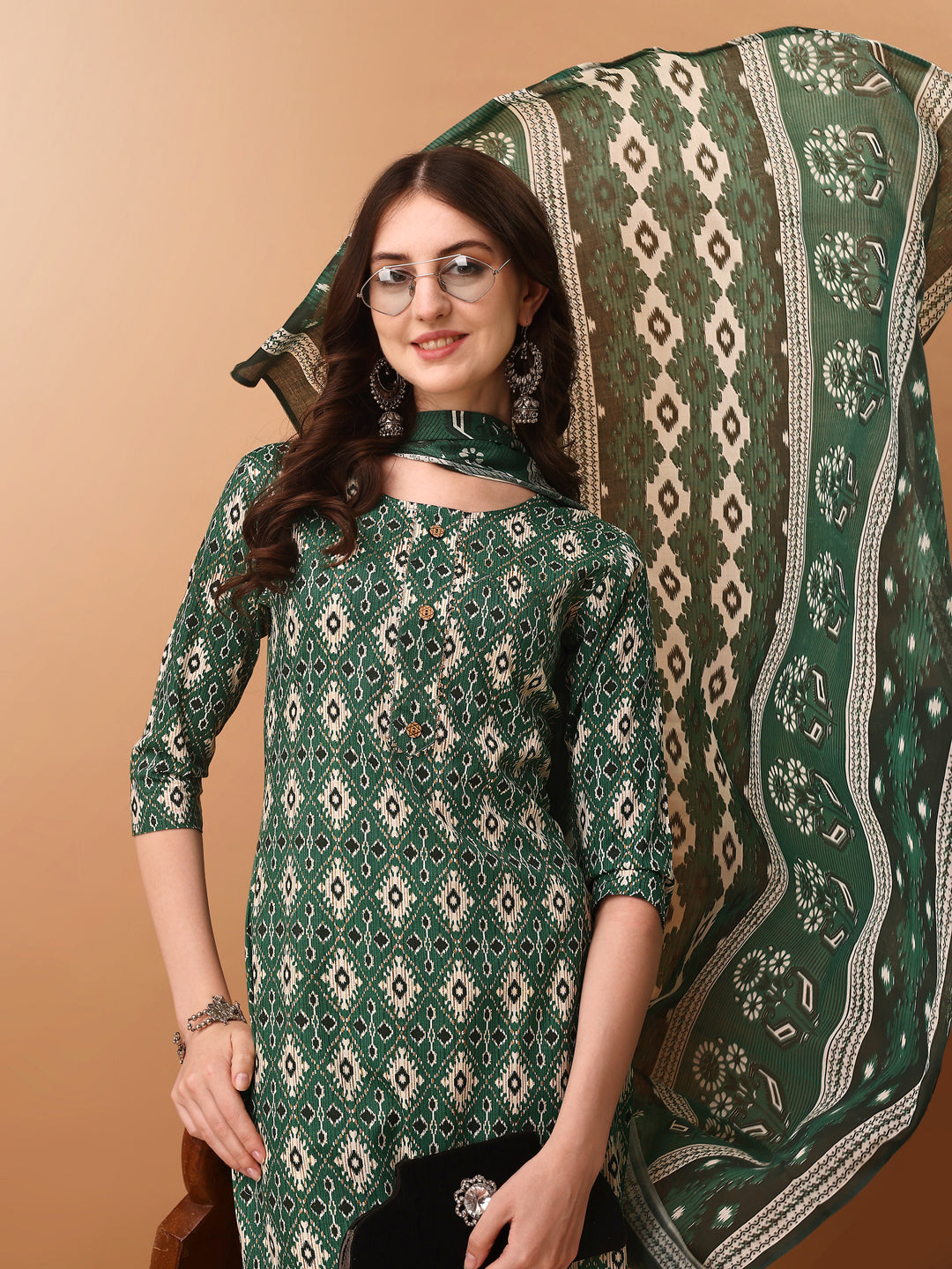 Ethnic Motifs Printed Kurta With Pant & Dupatta, Green - Hiral Fashion - Distacart