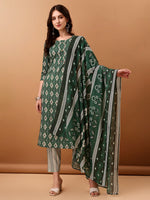 Thumbnail for Ethnic Motifs Printed Kurta With Pant & Dupatta, Green - Hiral Fashion - Distacart