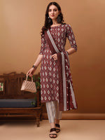 Thumbnail for Ethnic Motifs Printed Kurta With Pant & Dupatta, Wine - Hiral Fashion - Distacart